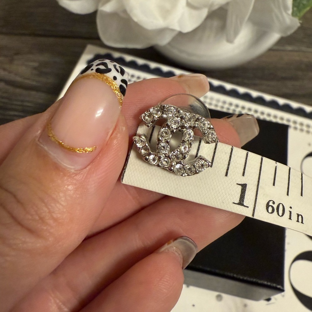 CHANEL Silver Crystal CC Stud Earrings - Picture 7 of 10